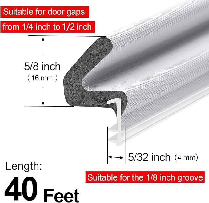 40FT Extra Long Kerf Weather Stripping Door Seal for Large Gaps and Easy Installation (White)