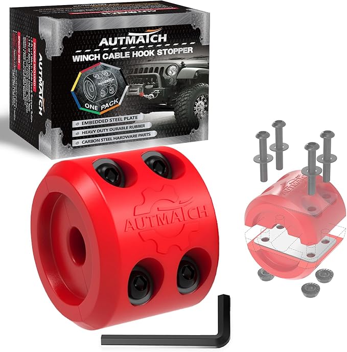 AUTMATCH Winch Cable Hook Stopper (1 Pack), Silicone Rubber Winch Stopper for Wire & Synthetic Rope, Winch Line ATV UTV, Shock Absorbent, Prevent Pulling Bounce and Abrasion, Red