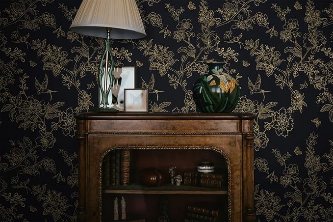 Froluya Black and Gold Wallpaper Peel and Stick Wallpaper 17.7"x393.7" Vintage Floral Boho Peel and Stick Wall Paper Dark Removable Self Adhesive Contact Paper for Bedroom Cabinets Shelf Liner Vinyl