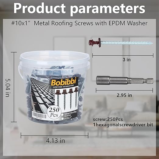Metal Roofing Screws 10 x 3 inch, Brown Hex Head Sheet Metal Roof Screw with EPDM Washer for Corrugated Roofing (250Pcs)