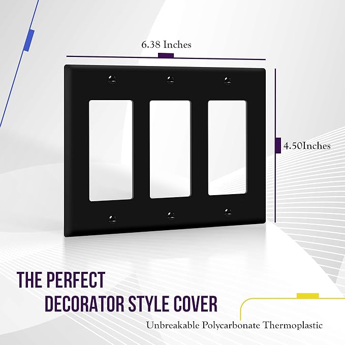 ENERLITES Decorator Light Switch or Receptacle Outlet Wall Plate, Gloss Finish, Size 3-Gang 4.50" x 6.38", Unbreakable Polycarbonate Thermoplastic, UL Listed, 8833-BK, Black