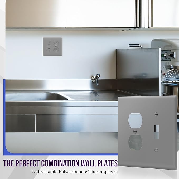 ENERLITES Combination Toggle Light Switch/Duplex Receptacle Outlet Wall Plate, Mid-Size 2-Gang 4.88" x 4.92", Polycarbonate Thermoplastic, 881121M-GY, Gray