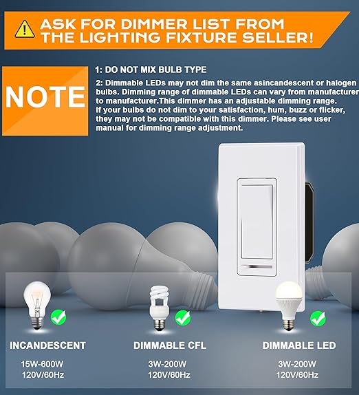 CLOUDY BAY in Wall Dimmer Switch for LED Light/CFL/Incandescent,3-Way Single Pole Dimmable Slide, 600W max Incandescent,150W max Dimmable LED/CFL, Cover Plate Included, Pack of 4