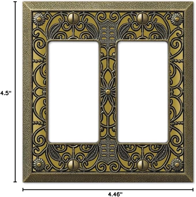 Amerelle 65RRAB Filigree Wallplate, 2 Rocker, Cast Metal, Antique Brass, 1-Pack