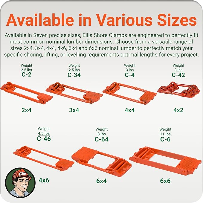 Ellis Shore Clamps - 4x2 Lumber Size, Adjustable Support System, Durable & Secure, Long-Lasting for Woodworking