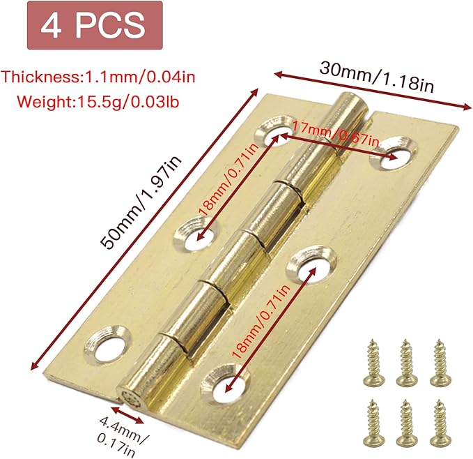 4pcs 2 Inch Gold Cabinet Hinges, Lasting Brass Folding Butt Hinges, Surface Polishing Mini Bifold Hinges, Small Hinges for Cabinets, Furniture, Drawer Doors