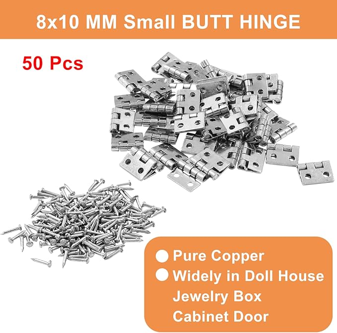 50Pcs Small Hinges,Pure Copper Butt Hinge,0.31"x0.39",Silver Tone Tiny for Cabinet Jewelry Wooden Box,Doll House DIY Hinges with Mounting Screws