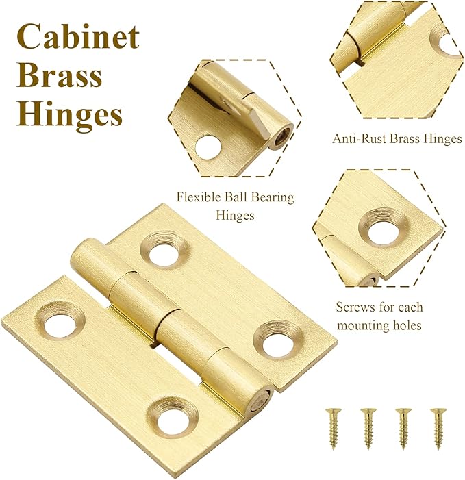 8pcs 1 Inch Brass Hinges, Mini Butt Hinges Cabinet Door Hinge, Box Hinge for Jewelry, Wooden Box, Small Cupboard Furniture (Gold)