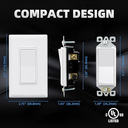 ELEGRP 3 Way Decorator Light Switch, 15Amp, 120-277 Volt, AC Rocker Paddle Wall Switch Replacement, Self-Grounding, Residential Grade, Screwless Wall Plate, UL Listed (20 Pack, Glossy White)