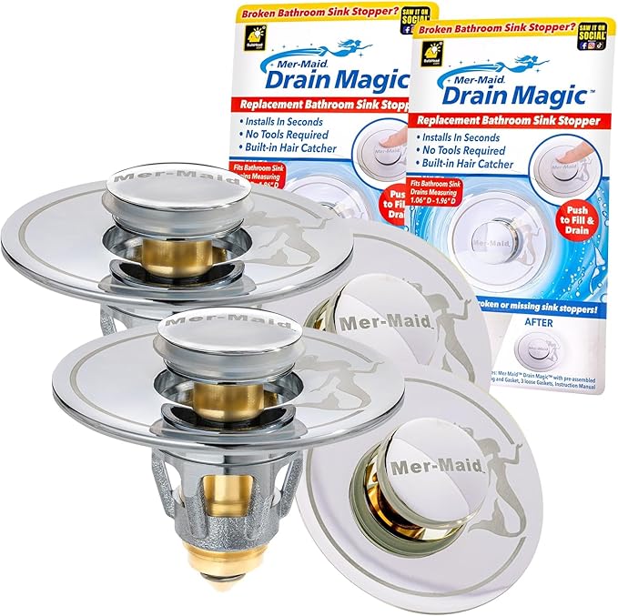 Mer-Maid Drain Magic Universal Sink Stopper, AS-SEEN-ON-TV, Replace Broken or Missing Stoppers, Push to Fill & Drain, Catches Hair & Prevents Clogs,Silicone Seal, Instant Install, No Tools, 2 Pack