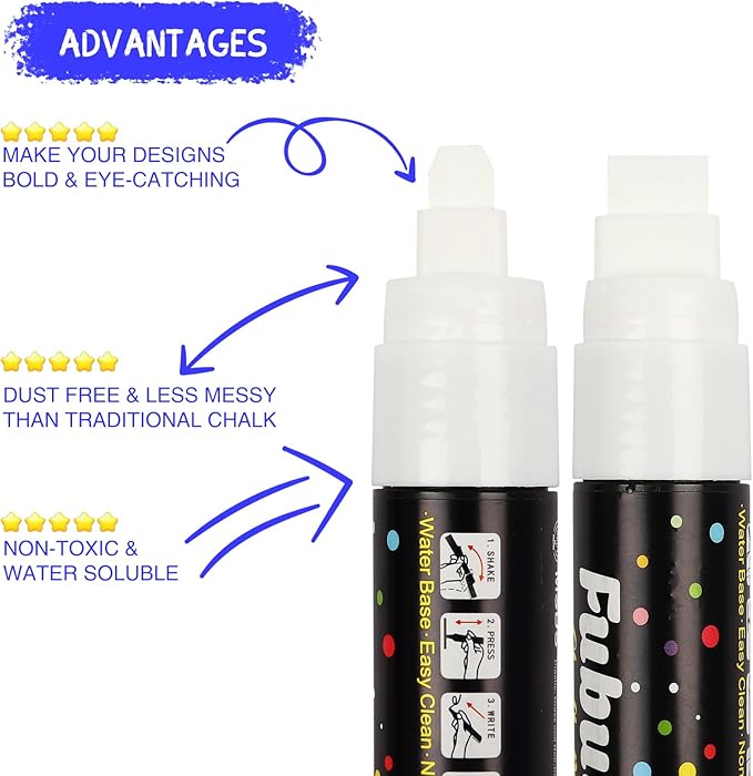 Window Chalk Markers for Cars 5 Pack Washable,White Paint Jumbo Liquid Chalk Marker with 15mm Thick Tips, Big Chalkboard Markers for Car Window, Glass, Auto, Bistro, Mirror, Poster