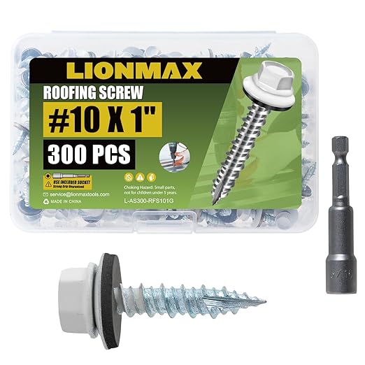 LIONMAX Metal Roofing Screws #10 × 1 Inch, 300-PCS, White Painted Hex Head Sheet Metal Roof Screws, Rubber Washer, Sharp Point, Metal to Wood Siding Screws, Hex Socket Included