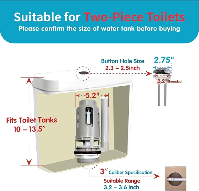 3-Inch Dual Flush Valve Replacement Kit for 2-Piece Toilet - Fits Glacier Bay, Aquasource and Most Universal. Includes 8.2” Flush Valve, Fill Valve, Button, Gasket, Bolts