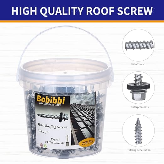 Metal Roofing Screws 10 x 3 inch, Hex Head Sheet Metal Roof Screw with EPDM Washer for Corrugated Roofing (250Pcs)