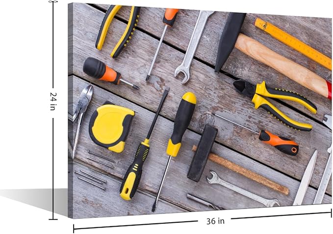 Large Wall Art for Living Room Wrench Tape Measure Tape Glove Picture Various Tools for Working in the Workshop Poster Canvas Supermarket Hotel Tool Room Hardware Store Wall Decor 1pcs (24"Wx36"H)