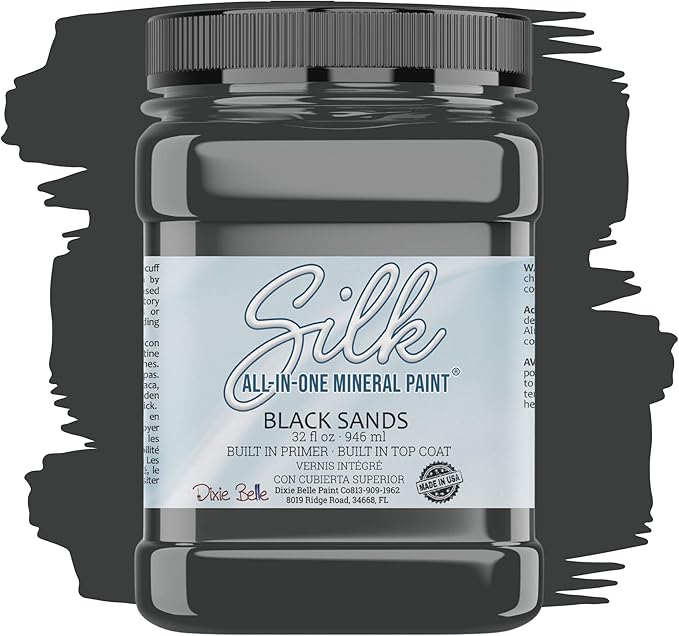 Dixie Belle Paint Company Silk All In One Mineral Paint - Black Sands ( 32oz | 946mL ) - Built in Primer, Built in Topcoat - Chalk Paint for Furniture, Cabinet, Wood, Metal, and Home Decor, DIY