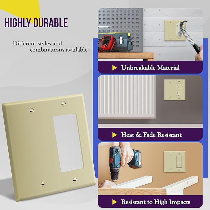ENERLITES Combination Decorator Rocker/Blank Outlet Wall Plate, Standard Size, 2-Gang 4.50 inch x 4.57 inch Light Switch Cover, Polycarbonate Thermoplastic, UL Listed, 880131-I, Ivory