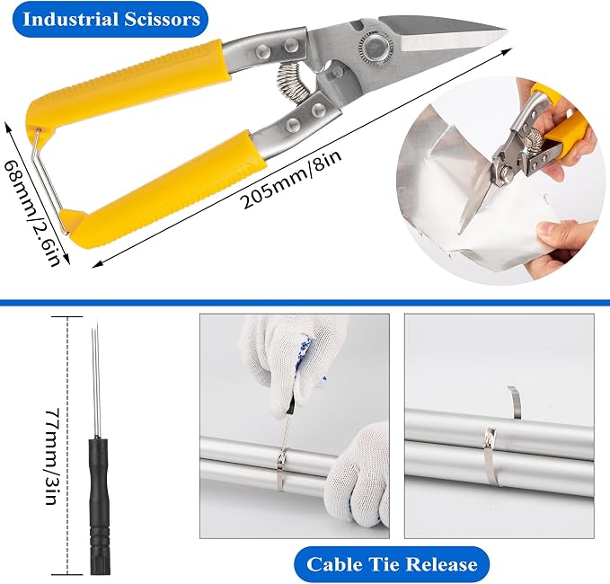 Stainless Steel Cable Tie Gun Set with Adjustable Tension Auto Cut Fastening Tool for Exhaust Pipe, Chain Link Fence, Auto Repair & Industrial Cable Binding (Extra Large 100PCS)