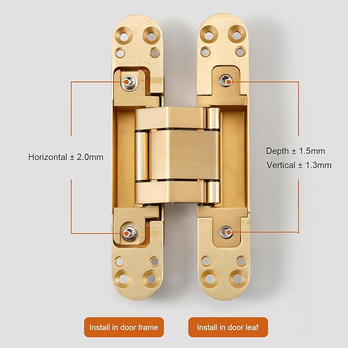 YAGU 3 Way Adjustable Invisible Door Hinge Concealed Hidden 180 Degree Swing Hinge Zinc Alloy Butt Hinge 6.5 * 3.2 * 1.1 Inch, Matte Gold(1 Piece)
