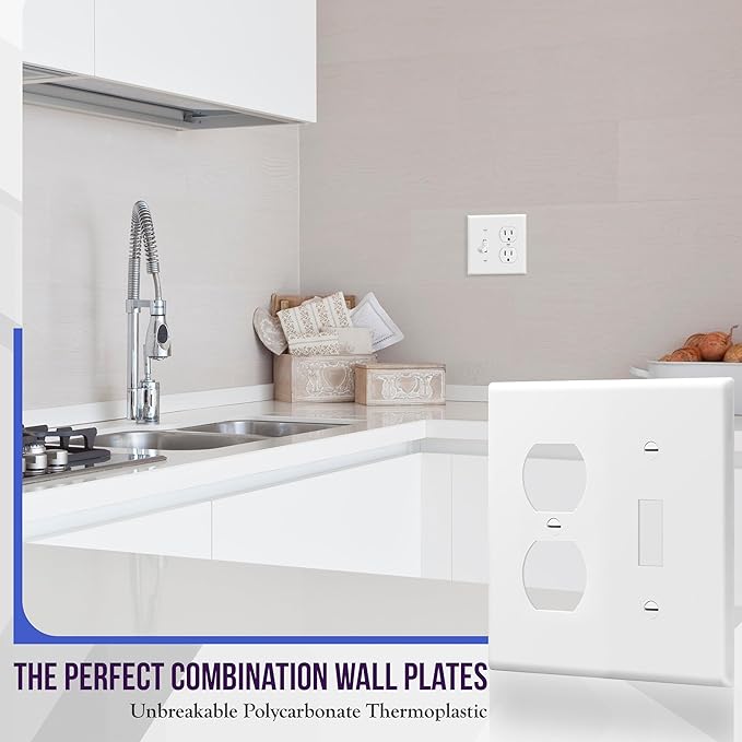 ENERLITES Combination Toggle Light Switch/Duplex Receptacle Outlet Wall Plate, Gloss Finish, Size 2-Gang 4.50" x 4.57", Polycarbonate Thermoplastic, 881121-W, White (4 Pack)