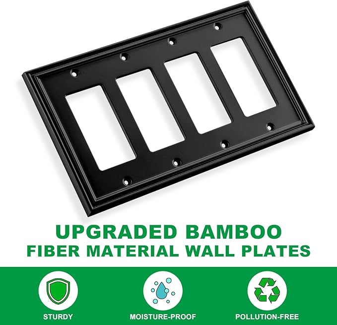 Black Modern Decorative Wall Plate Light Switch Cover Decorator Outlet Covers Rocker Switch Plates Bamboo Fiber Material Wall Plates for Kitchen Bathroom (4 Gang Quad Decorator-1 Pack)