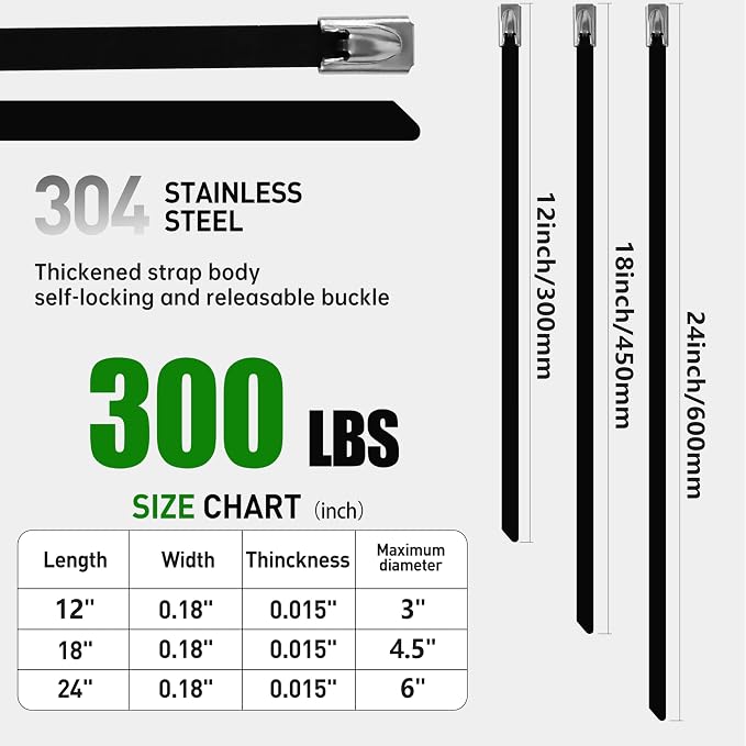 Metal Zip Ties 300 Pack 12 Inch, 304 Stainless Steel 300LBS Heavy Duty Zip Ties Black - Self-Locking Cable Ties for Exhaust Wrap，Chain Link Fence Parts, Outdoor Farms,Pipes