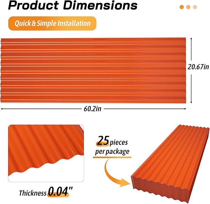 Resin Roof Panels 25Pcs 60.2×20.67 Inches with Screws, Corrugated PVC Roofing Panels, Waterproof Wall Panel Siding Panels Sheets for Garages, Sheds, Chicken Coop, Stables and Mobile Homes, Orange