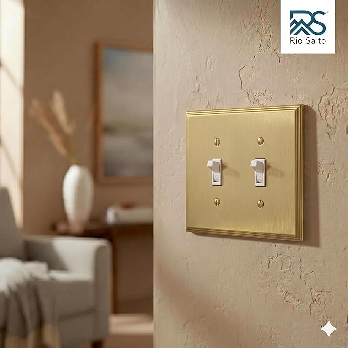 Rio Salto BRASS Double Toggle Light Switch Cover Plate Brushed Gold Metal Toggle Switch Plate Outlet Covers Decorative Wall Plate — Deco Collection 4.50" X 4.56"