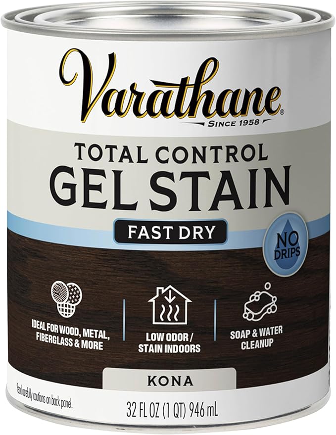 Varathane Total Control Gel Stain | Low Odor Water-Based Formula | Thick Gel Formula for Vertical Surfaces | Ideal for Wood, Metal & Fiberglass | Quart | Kona