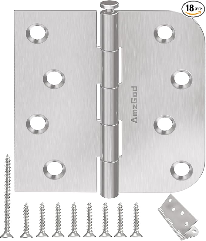 18 Pack Brushed Nickel Door Hinges, 4 Inch Exterior Door Hinges with Square & 5/8" Radius, 4 in Satin Nickel Heavy Duty Residential Front and Back Hinges, Removable Pin & No Squeaks