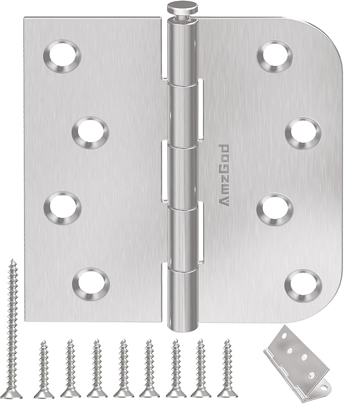 3 Pack Brushed Nickel Door Hinges, 4 Inch Exterior Door Hinges with Square & 5/8" Radius, 4 in Satin Nickel Heavy Duty Residential Front and Back, Removable Pin & No Squeaks