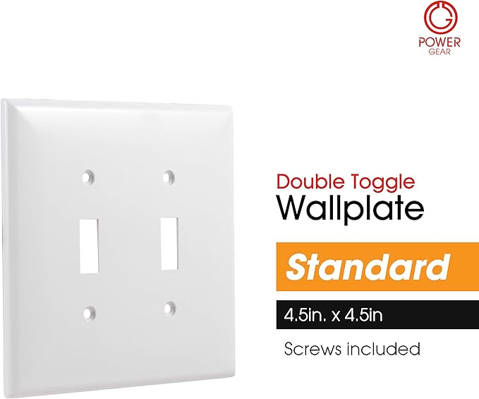 Power Gear Double Wall Plate Cover, 2 Gnag, Screws Included, UL Listed, 0.31" x 4.5", Light switch cover, Outlet Covers, White, 40025
