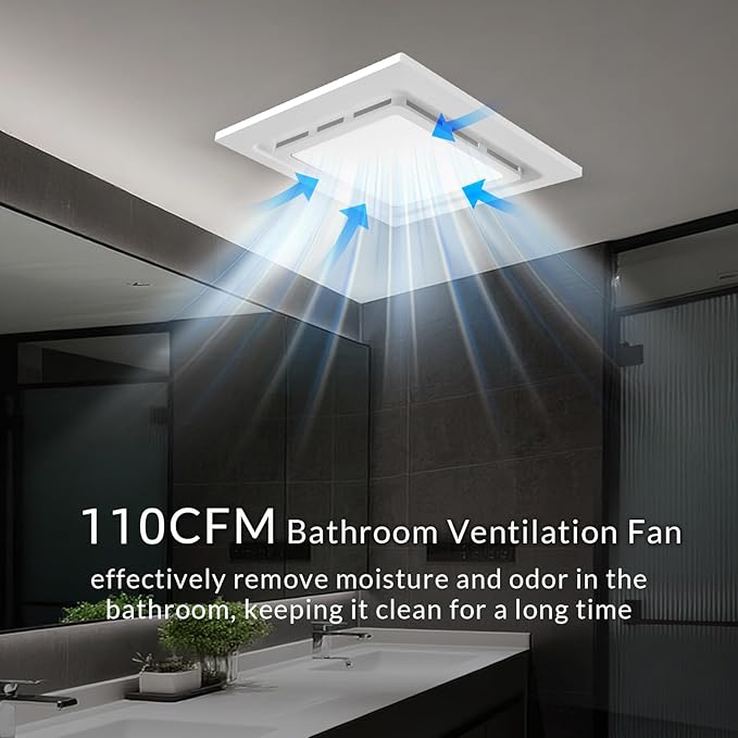 Bathroom Exhaust Fan with Light 110 CFM, Quiet 1.0 Sone, Cutout 8.27"x8.27", 10" Grille, 4In Duct, 6500K 1200Lm LED Light Bath Ceiling Vent Fan Combo for Bathroom Toilet Moisture & Odor Removal