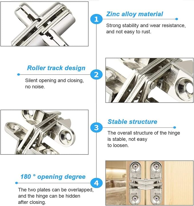 2 Pack 1.1 * 4.65 in Hidden Hinge Invisible Concealed Cross Hinges 180 Degree Folding Door Cross Zinc Alloy Hidden Hinges Swing Invisible Hinge for Cabinet, Cupboard,Wooden Box,with Screws-S5