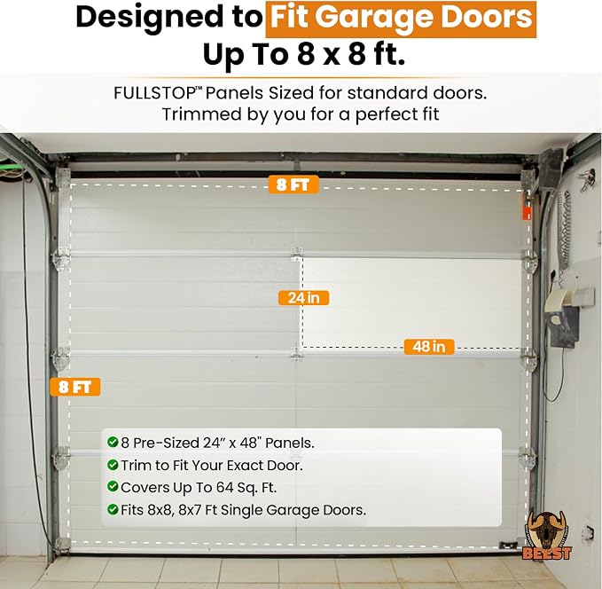BEEST FULLSTOP Garage Door Insulation Kit - 8x8 & 8x7 ft Single Garage Door Insulation Panels - 8 Pre-Cut 24x48 Foam-Core Panels w/ Tape, Cutter & Squeegee - Improve Garage Comfort Year-Round