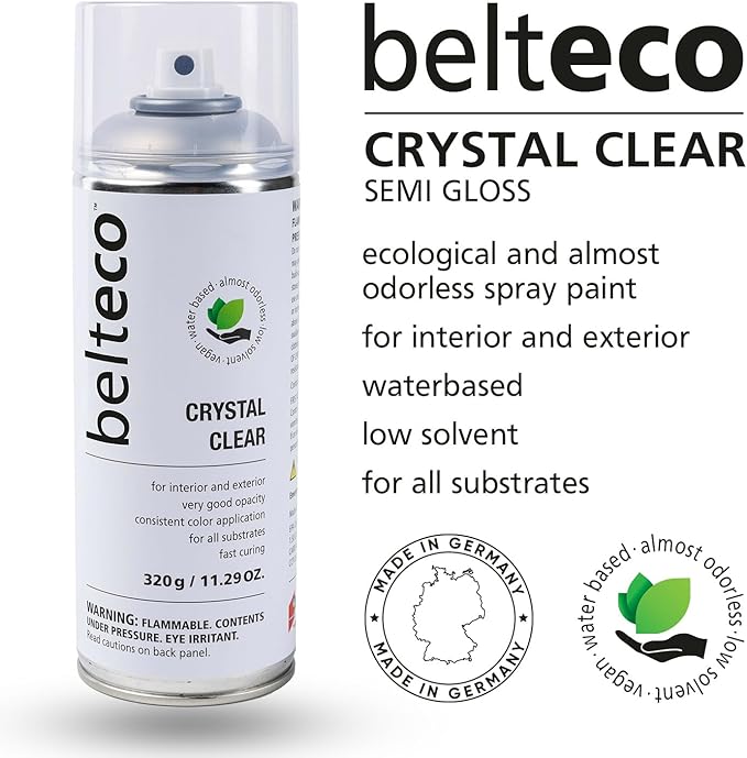 Crystal Clear Semi Gloss Spray Paint | Water based & Odorless | Eco-Friendly & Vegan | Weather & UV-Resistant | For all Substrates | Fast Drying with High Coverage | For Indoor/Outdoor Use