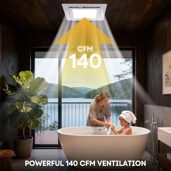 Bathroom Exhaust Fan with Light 12" Ultra Quiet 1.0 Sones,1200LM, 5CCT, Exhaust Fan Mounting Opening 10"x10" in 140CFM Bathroom Fan with Light Ceiling Mount for Home, Bath, Office