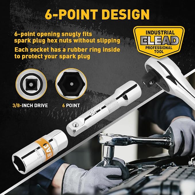 12-Piece 3/8" Drive Spark Plug Socket Set with Ratchet Handle, Universal Joint, Spark Plug Gapper & Extension Bar, 9/16", 5/8", 3/4", 13/16", 14mm, 18mm, CR-V Sockets with Rubber Holding Rings