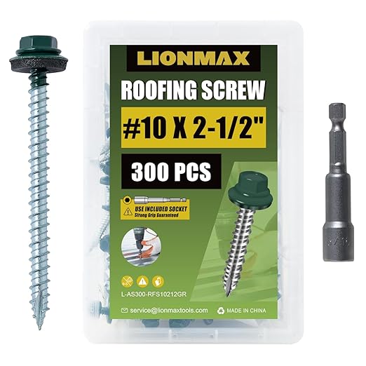 LIONMAX Metal Roofing Screws #10 × 2-1/2 Inch, 300-PCS, Forest/Ivy Green Painted Hex Head Sheet Metal Roof Screws, Rubber Washer, Sharp Point, Metal to Wood Siding Screws, Hex Socket Included