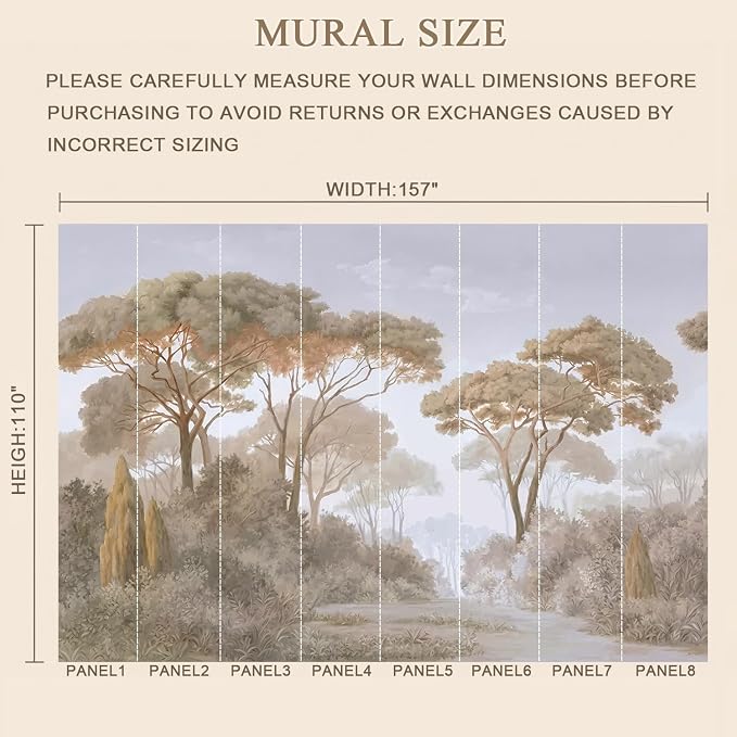 MFWFM Forest Peel and Stick Wallpaper Vintage Jungle Landscape Wall Mural | 157"x110", for Bedroom Living Room Bathroom, Self Adhesive Canvas