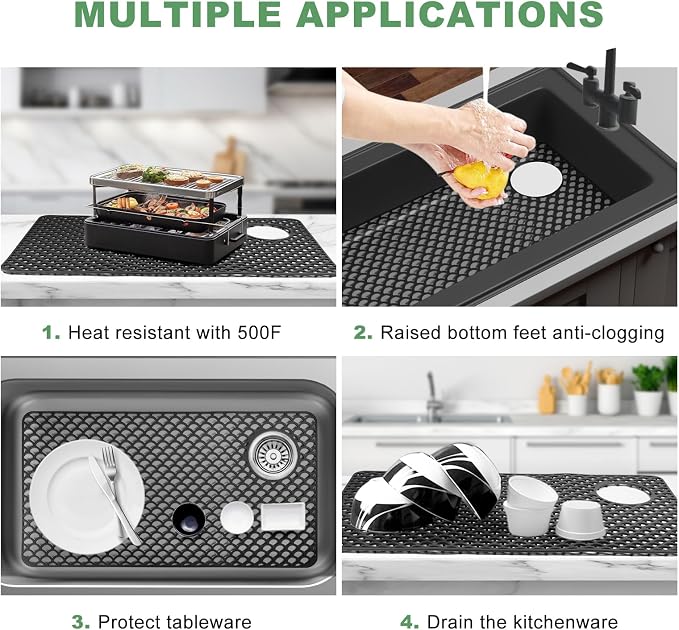 Sink Protectors for Kitchen Sinks - Large 28.4“ x 15” with Right Side Top Hole Heat Resistant Easy to Clean Non-Slip Kitchen Sink Mat for Kitchens Sinks Stainless Steel Bottom (Black) - 72x38CM