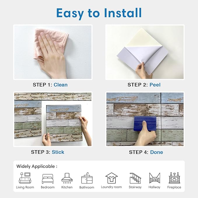 COMSTICKC Peel and Stick Faux Wood Wall Panels Shiplap Blue-Green, 10 Pcs of 12" x 12", Not Real Wood, Thin PVC 3D Fake Wood Self-Adhesive Wall Covering Wallpaper for Interior Farmhouse Decor