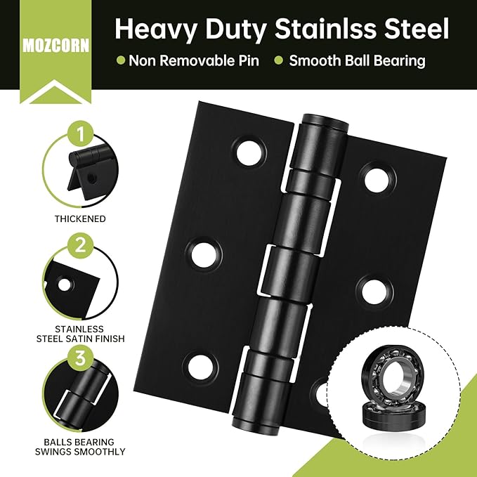 6-Pack Black Door Hinges, 3 Inch Heavy Duty Stainless Steel Hinge for Interior Exterior Doors, Max Loading 100LB, Matte Black Ball Bearing Hinges with Screws, Smooth and Quiet