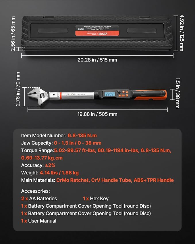 VEVOR Torque Wrench 0-1.5 in Adjustable Jaw Opening Digital Torque Wrench, Open-End Jaw, 4 Display Units, ±2% Accuracy, LCD Screen, with Buzzer and LED Indicator, for Pipe and Automotive Repair
