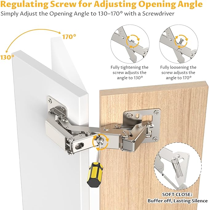 Chibery 2 Pack 170 Degree Soft Close Cabinet Hinges, Slow Smooth Hidden Frameless Lazy Susan Hinge, Concealed Hardware Surface Mount, Lid Support Trap Door, Self Closing for Corner, Kitchen Cupboard