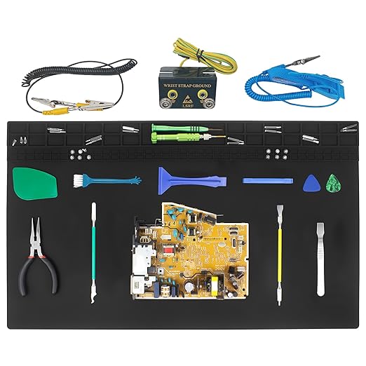 23.7'' x 13.8'' Extra Large Silicone Soldering Mat with Wrist Strap 932°F Heat Resistant Solder Mat Premium Silicone Repair Mat Work Mat for Electronic, Cellphone, Laptop Repair (Black)
