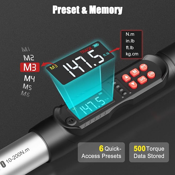 VANPO 1/2 Drive Digital Torque Wrench Set 7.4-147.5 ft.lb, ±2% Accuracy | 10-200 Nm, Electronic Torque Wrench with Sockets & Extension Bar, Buzzer/LED/Vibration Alarm, for Tire Lug Nuts, Auto Repair