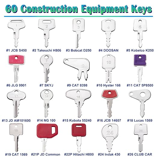 60 Heavy Equipment Keys Master Set Consturction Ignition Keys for Kubota JCB Cat Yanmar Honda Ditch Witch Backhoes Excavators Forklifts Loaders Tractors Bullozers and Other Construction Equipments