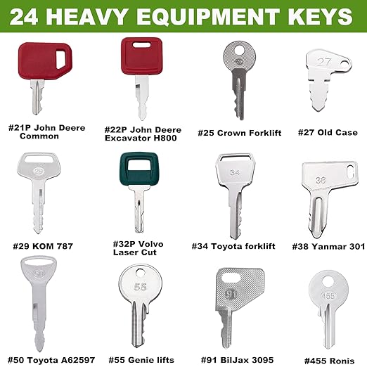 24 Heavy Equipment Keys Master Set, Construction Ignition Key Set Fits Case,Komatsu,Hyster, Cat, JCB, Daewoo, JLG, JD, Forklift, Crown, Volvo, Toyota.