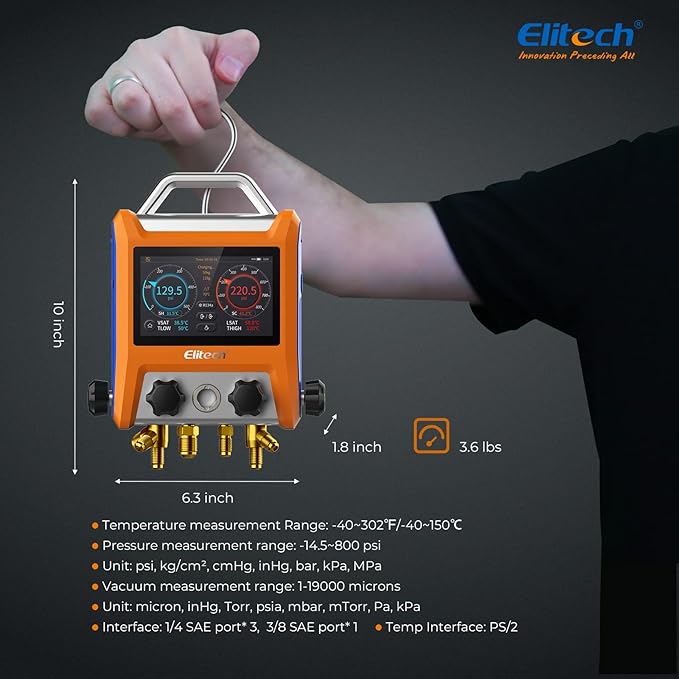 Elitech Digital Manifold Gauge HVAC 4 Valve Manifold Gauge with Hoses Vaccum Sensor Thermometer Clamps, EMG-40V